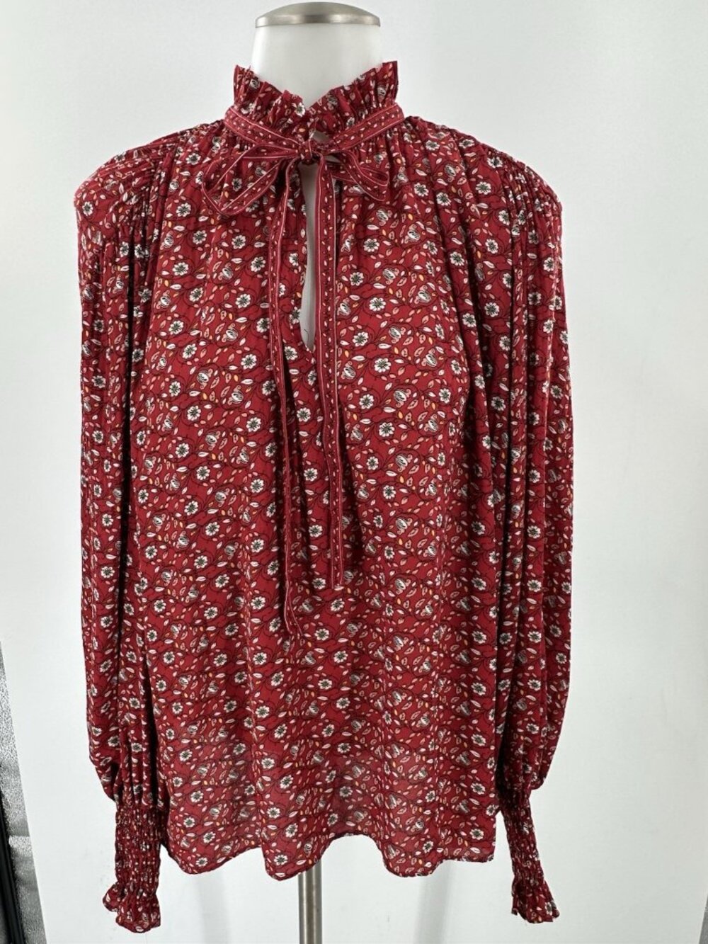 Max Studio Floral Peasant Blouse Tie Ruffle Pleats Boho Revival Red Small